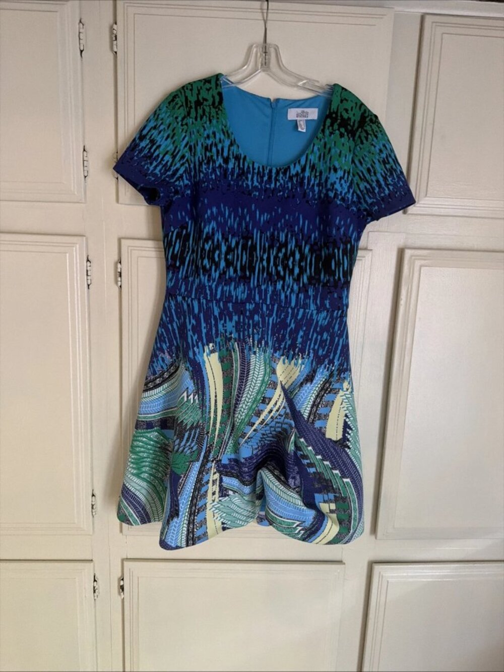 BELLE BADGLEY MISCHKA Blue Green Abstract Fit & Flare Dress Size 12